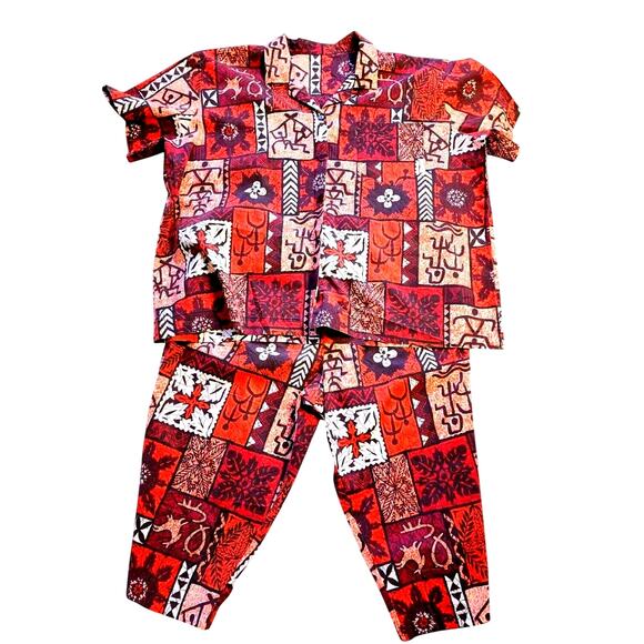 VTG 60s Hawaiian Red Tribal Floral Petroglyphs Shirt & Capri Short Set XL Hawaii - Picture 1 of 16